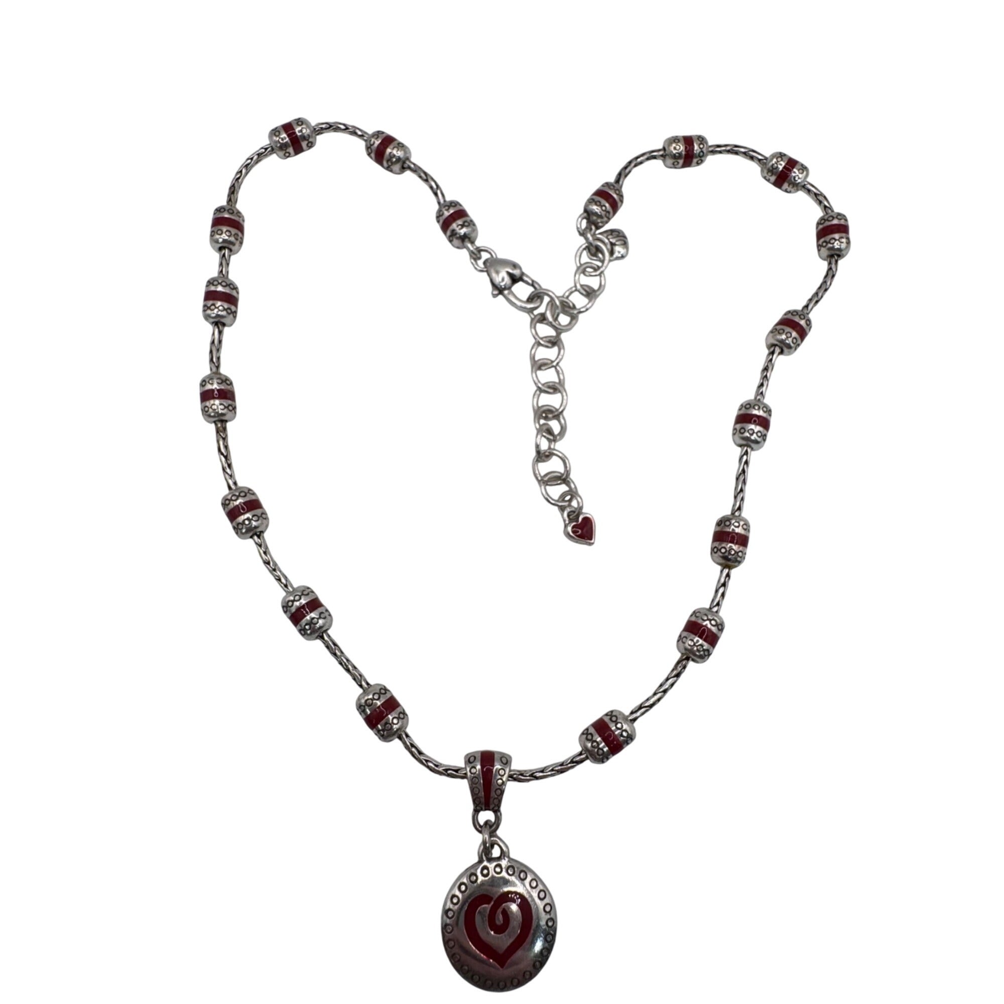 Brighton Red Silver Heart Pendant Necklace Enamel Bead 18" Boho Y2K RARE Retired