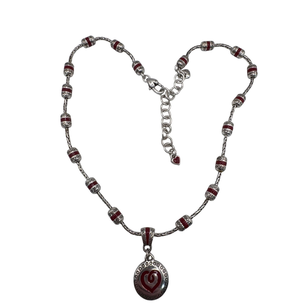 Brighton Red Silver Heart Pendant Necklace Enamel Bead 18" Boho Y2K RARE Retired