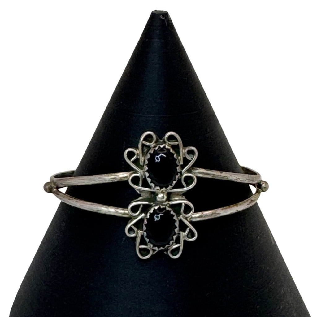 Southwest Onyx Sterling Silver Cuff Bracelet Black Onyx Scrollwork Vintage  6"