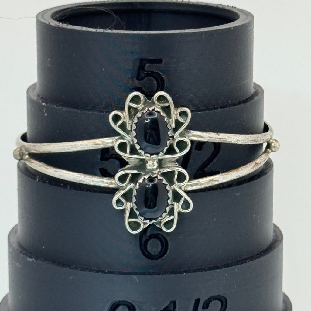 Southwest Onyx Sterling Silver Cuff Bracelet Black Onyx Scrollwork Vintage  6"
