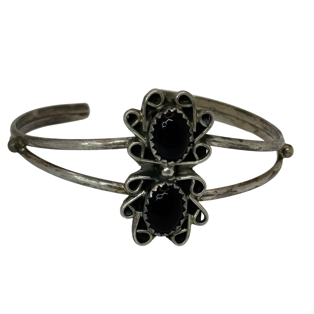 Southwest Onyx Sterling Silver Cuff Bracelet Black Onyx Scrollwork Vintage  6"