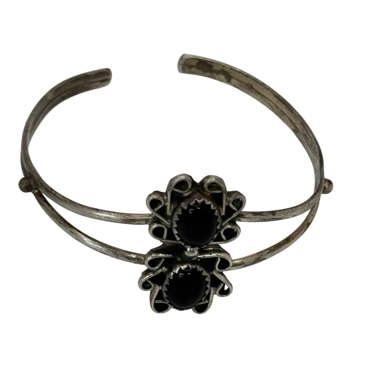 Southwest Onyx Sterling Silver Cuff Bracelet Black Onyx Scrollwork Vintage  6"