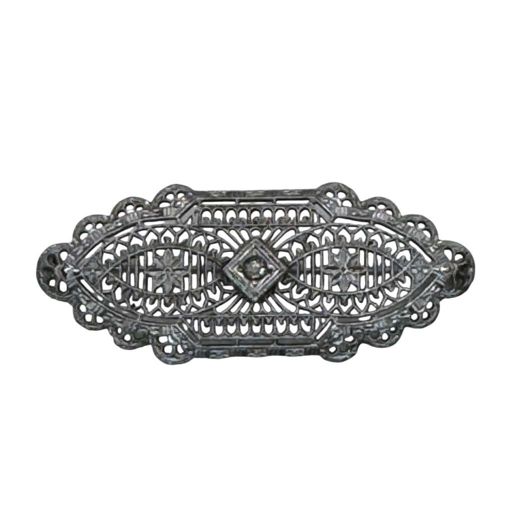 Vintage 14k White Gold Art Deco Filigree Bar Brooch Detailed Clear 2" Antique