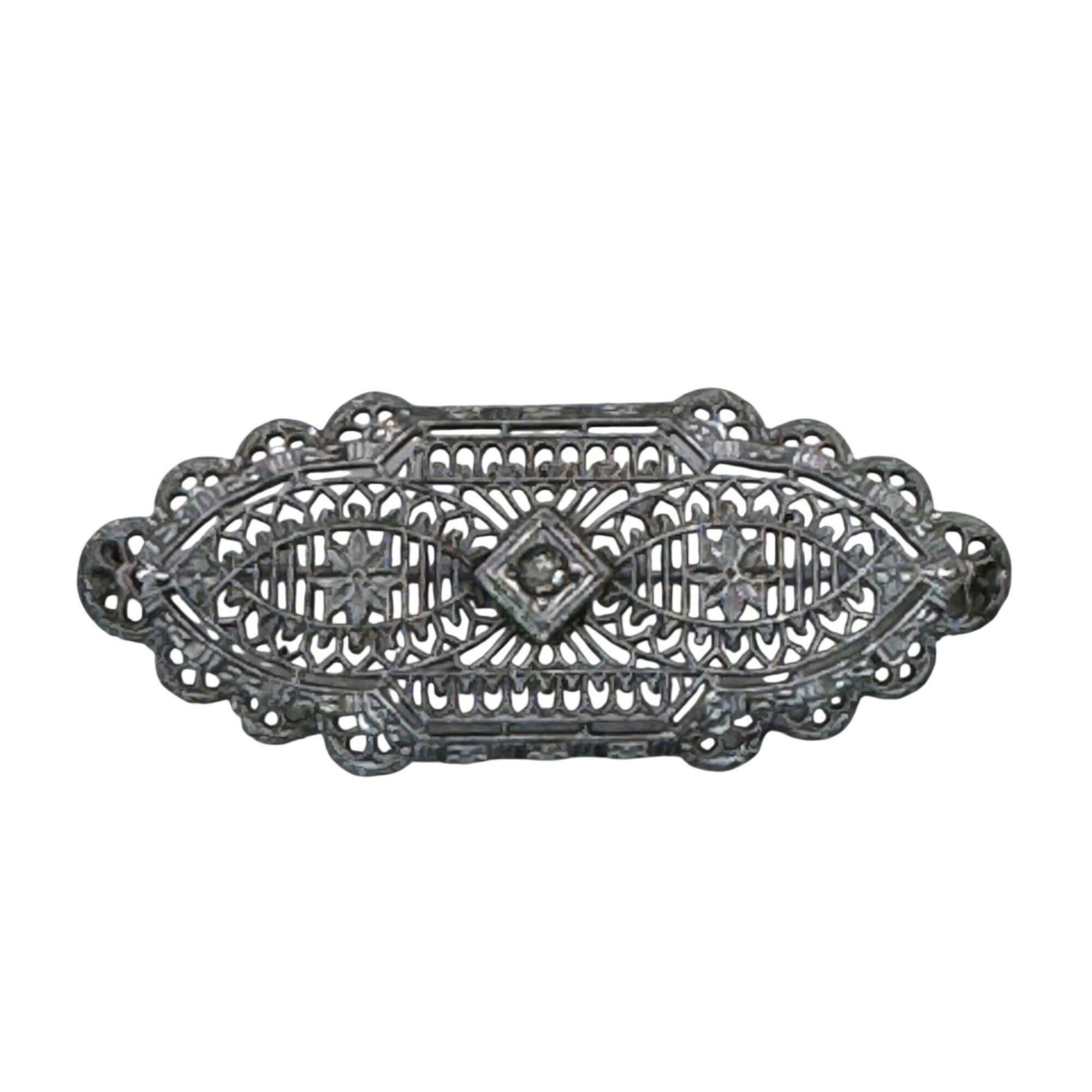 Vintage 14k White Gold Art Deco Filigree Bar Brooch Detailed Clear 2" Antique