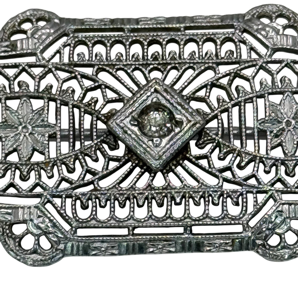 Vintage 14k White Gold Art Deco Filigree Bar Brooch Detailed Clear 2" Antique