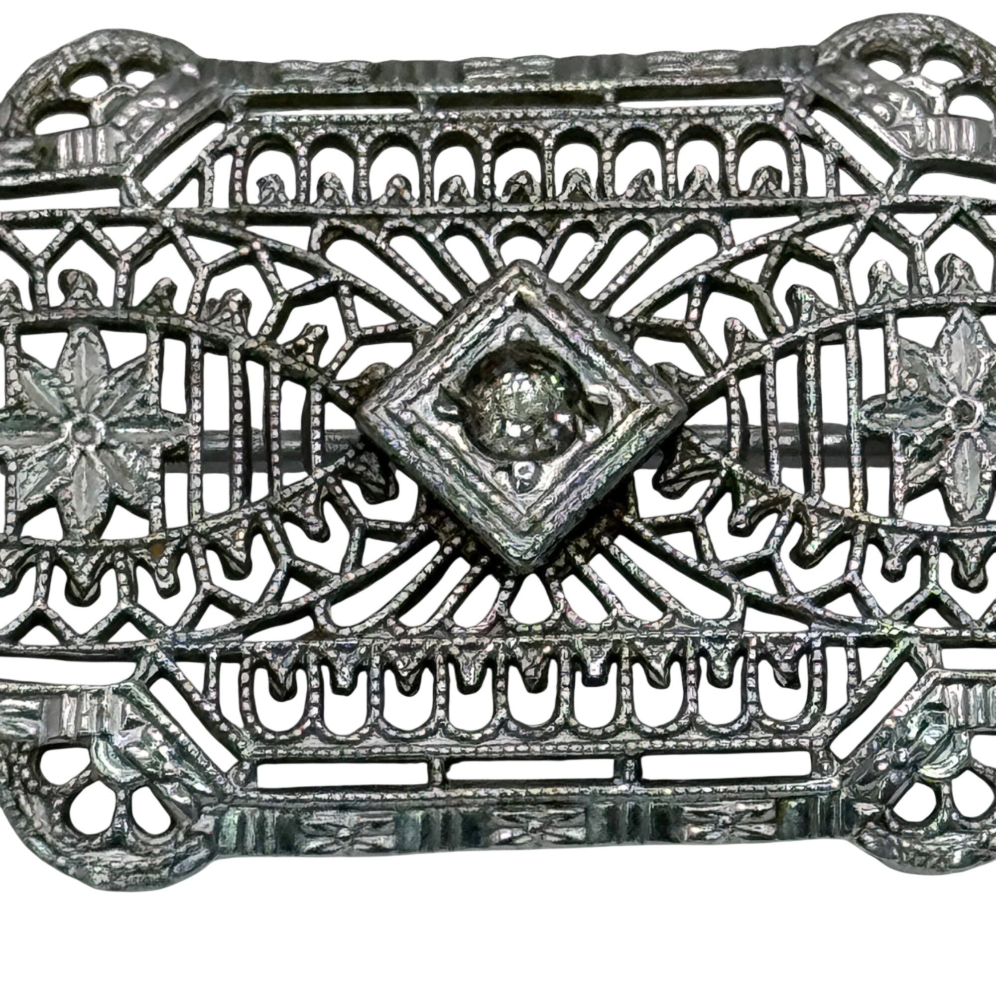 Vintage 14k White Gold Art Deco Filigree Bar Brooch Detailed Clear 2" Antique