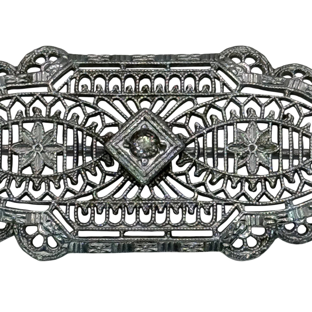 Vintage 14k White Gold Art Deco Filigree Bar Brooch Detailed Clear 2" Antique