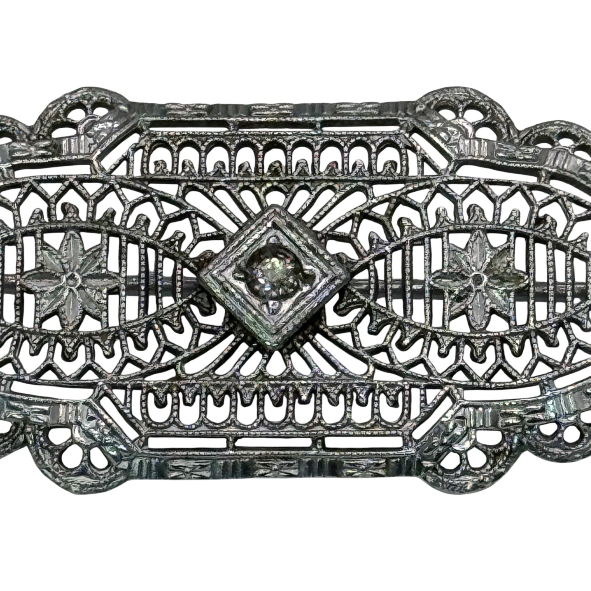 Vintage 14k White Gold Art Deco Filigree Bar Brooch Detailed Clear 2" Antique