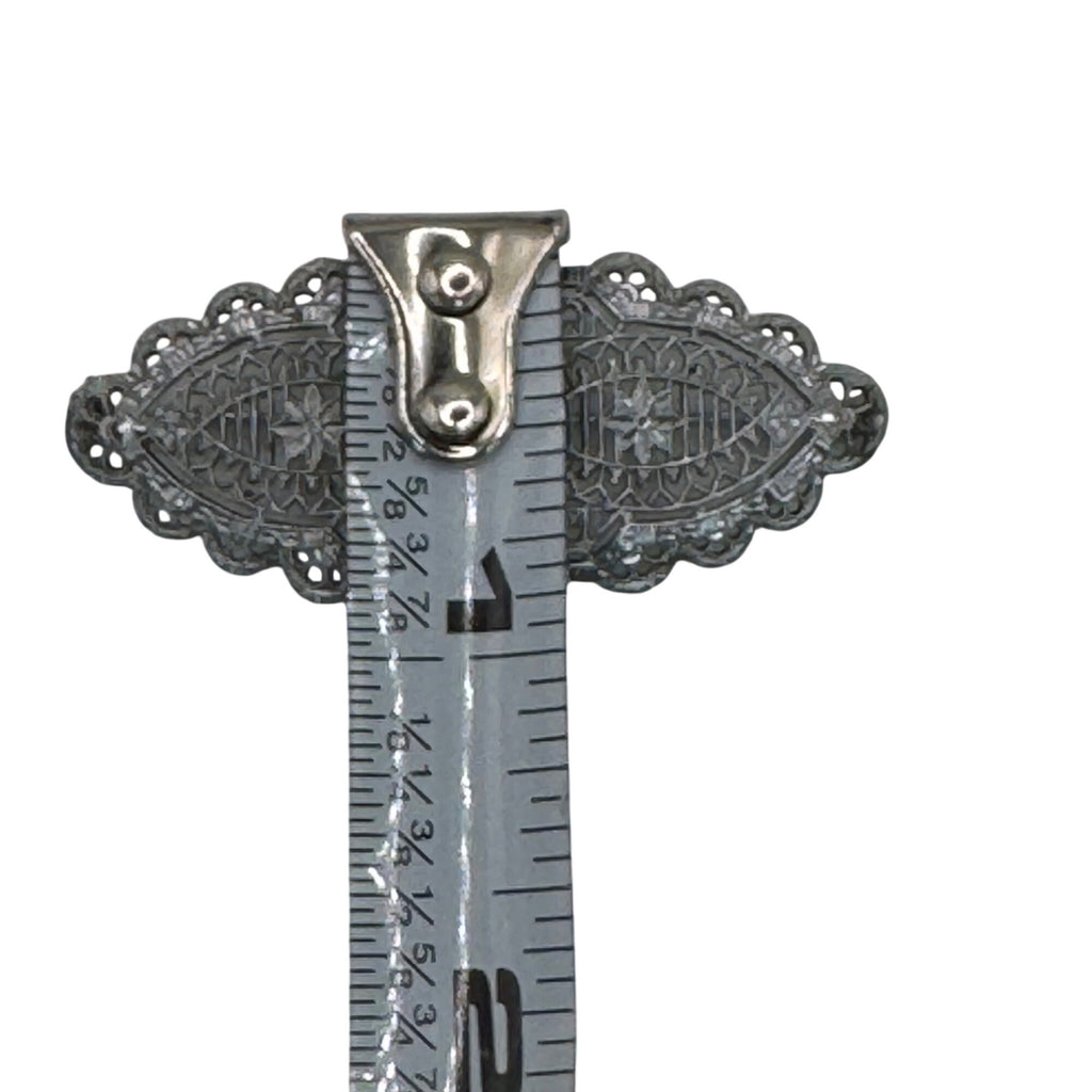 Vintage 14k White Gold Art Deco Filigree Bar Brooch Detailed Clear 2" Antique
