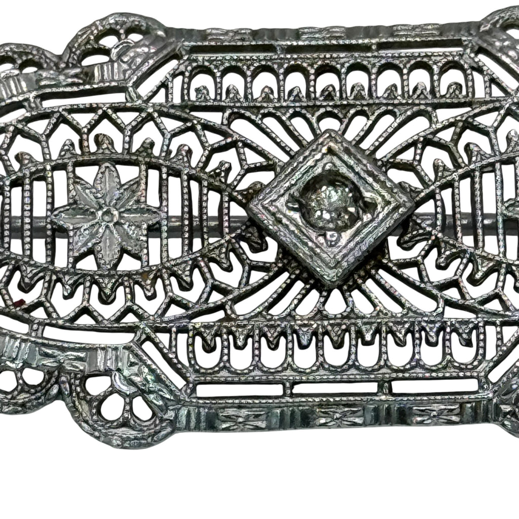 Vintage 14k White Gold Art Deco Filigree Bar Brooch Detailed Clear 2" Antique