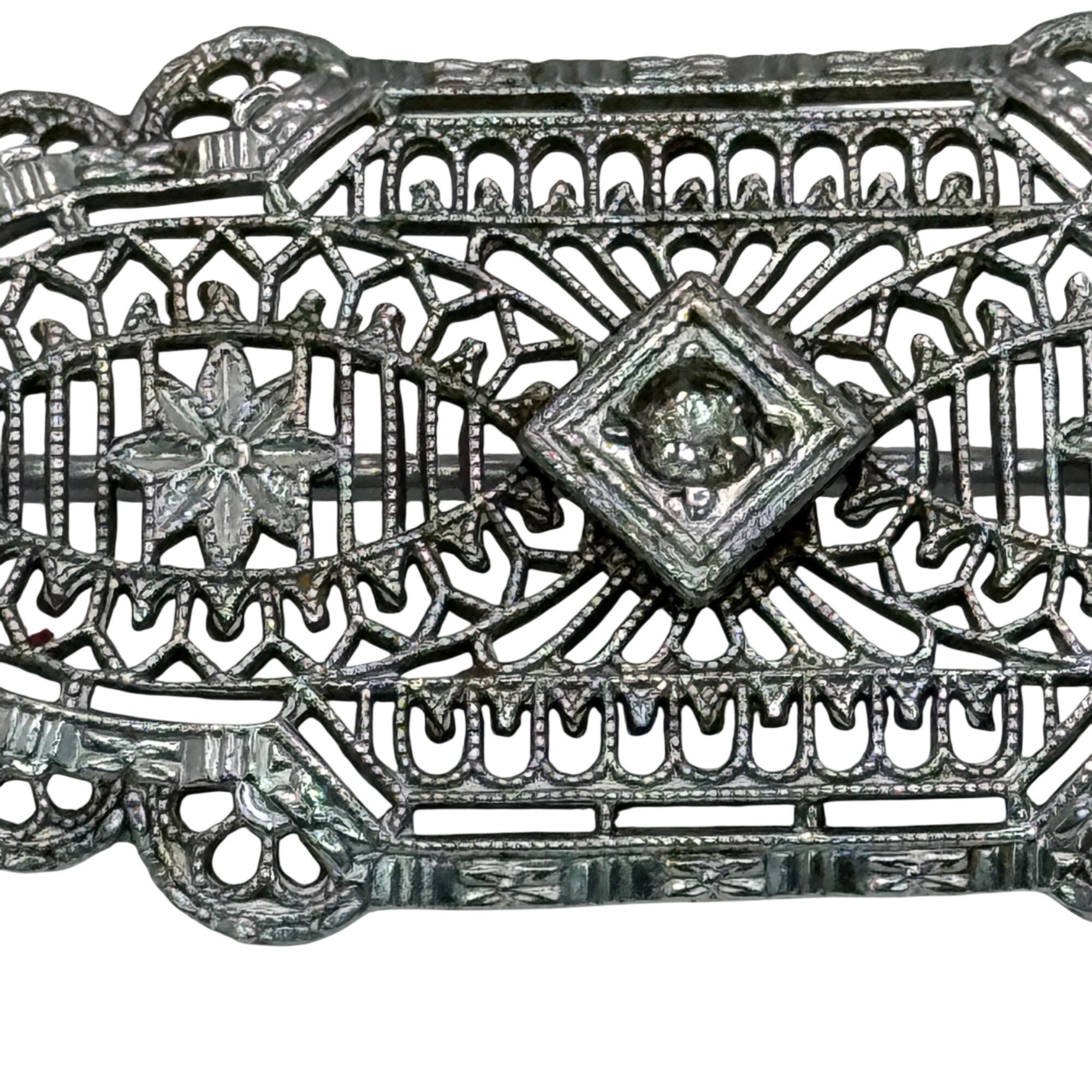 Vintage 14k White Gold Art Deco Filigree Bar Brooch Detailed Clear 2" Antique