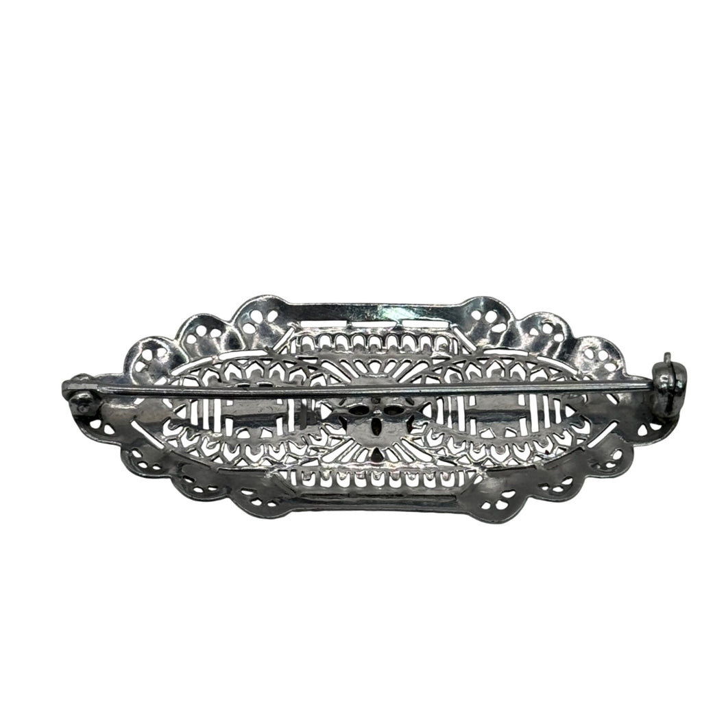 Vintage 14k White Gold Art Deco Filigree Bar Brooch Detailed Clear 2" Antique