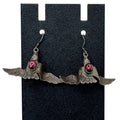 Silver Bird Earrings Red Glass Cabochon 2" Vtg Statement Carved Eagle Phoenix