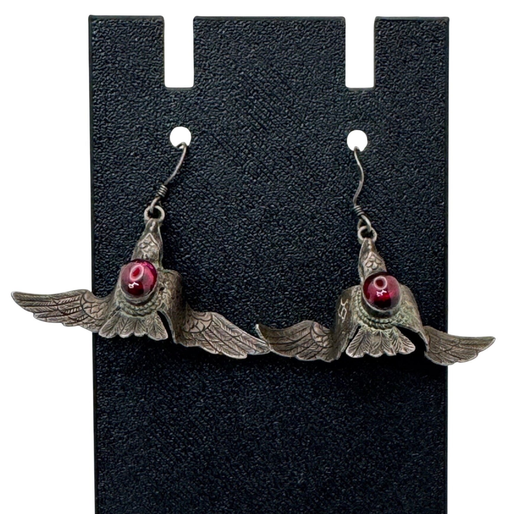 Silver Bird Earrings Red Glass Cabochon 2" Vtg Statement Carved Eagle Phoenix