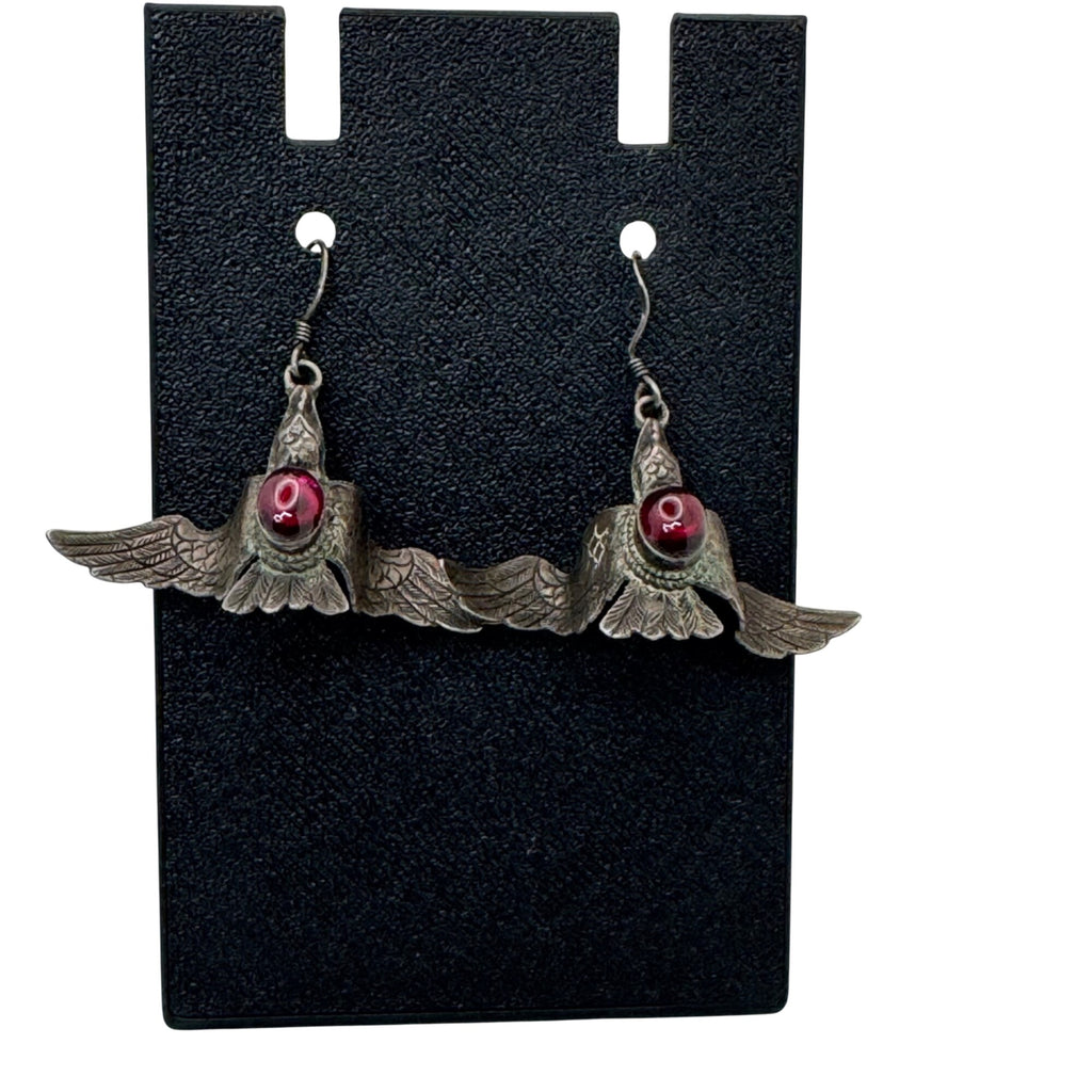 Silver Bird Earrings Red Glass Cabochon 2" Vtg Statement Carved Eagle Phoenix