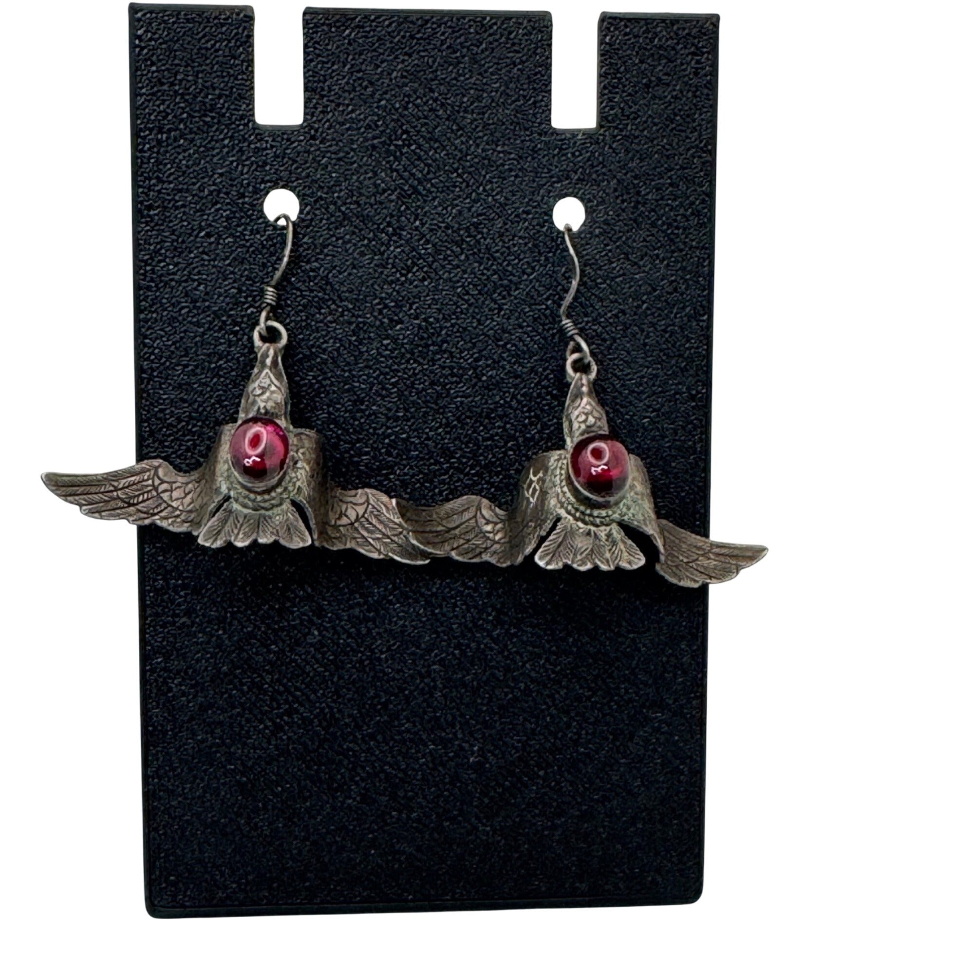 Silver Bird Earrings Red Glass Cabochon 2" Vtg Statement Carved Eagle Phoenix