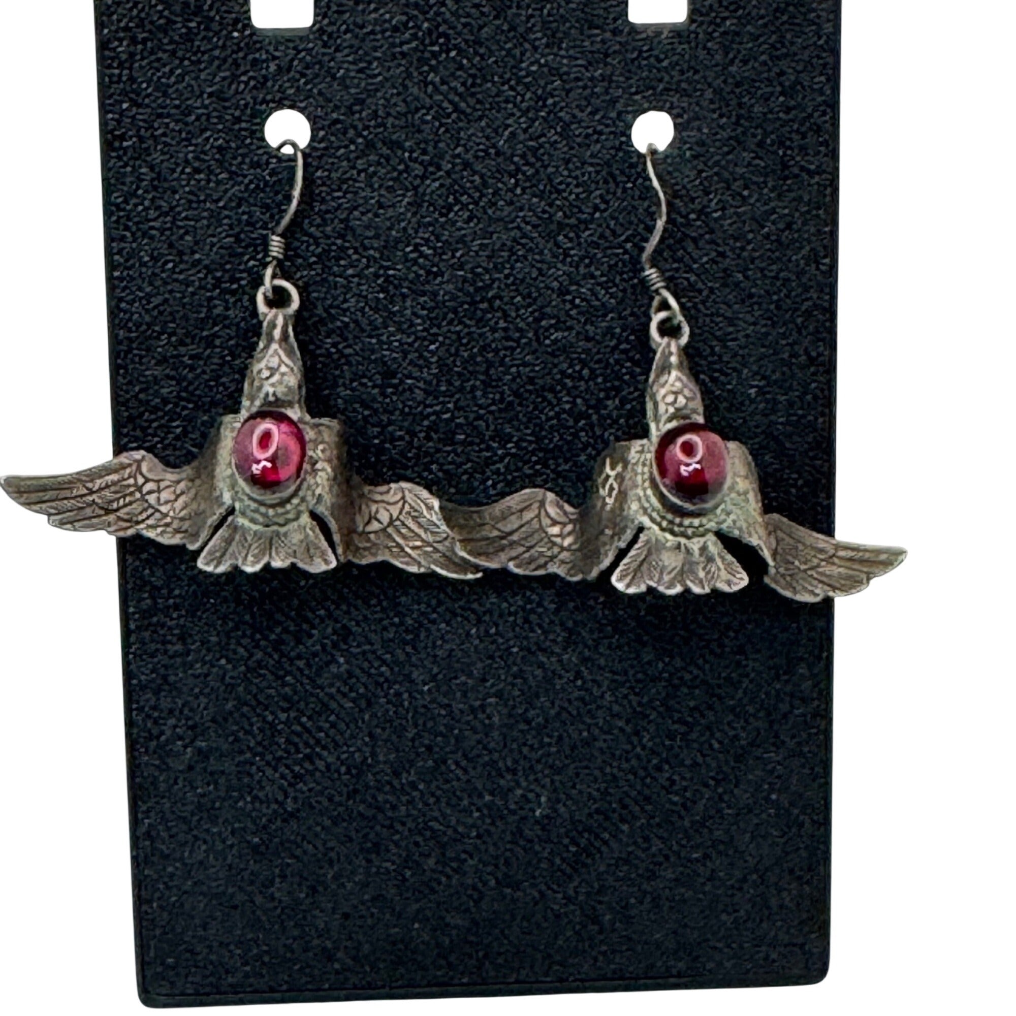 Silver Bird Earrings Red Glass Cabochon 2" Vtg Statement Carved Eagle Phoenix