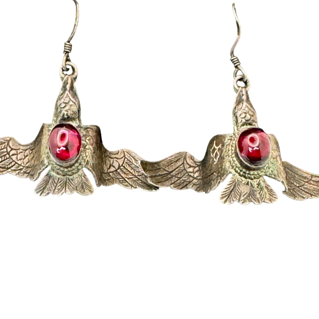 Silver Bird Earrings Red Glass Cabochon 2" Vtg Statement Carved Eagle Phoenix