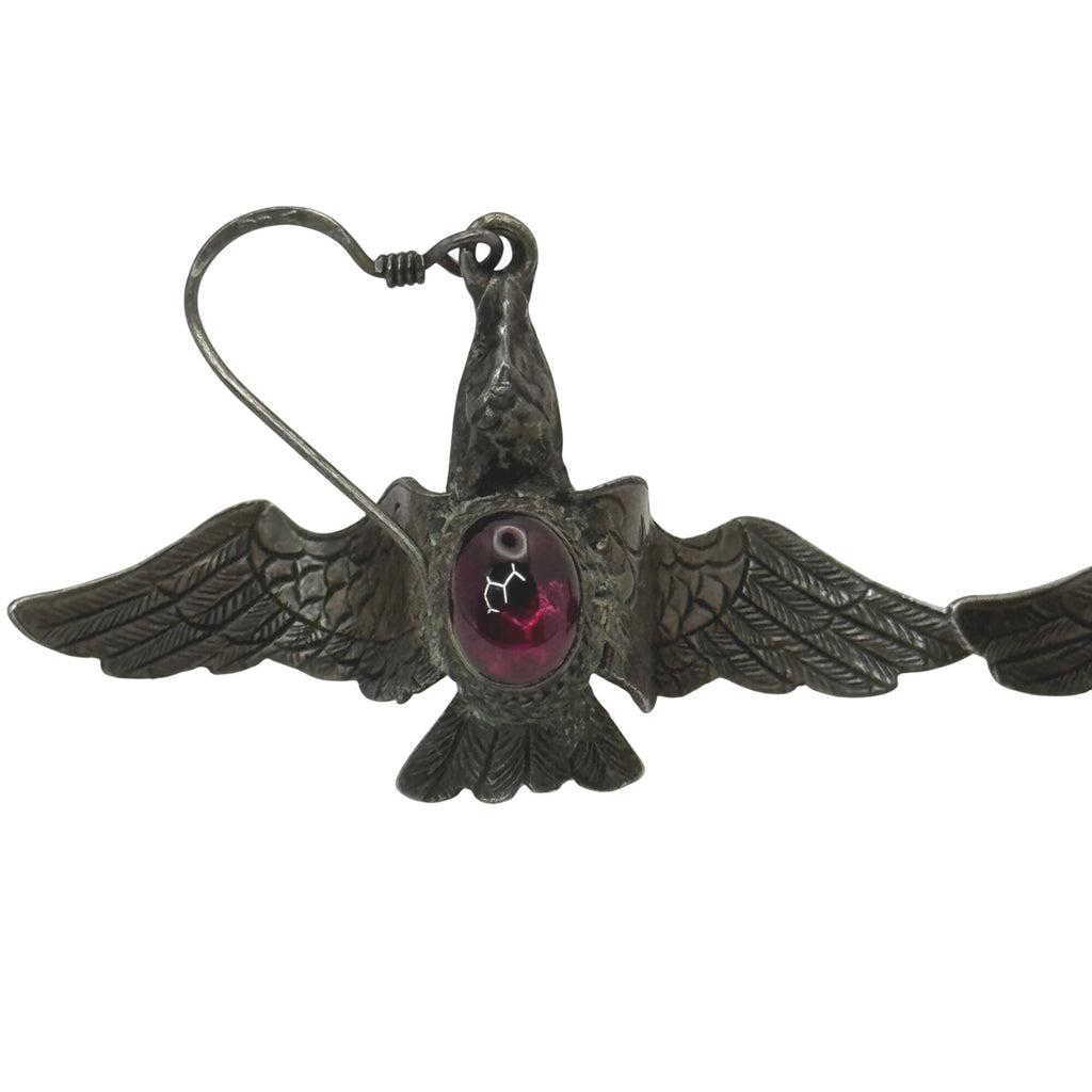 Silver Bird Earrings Red Glass Cabochon 2" Vtg Statement Carved Eagle Phoenix