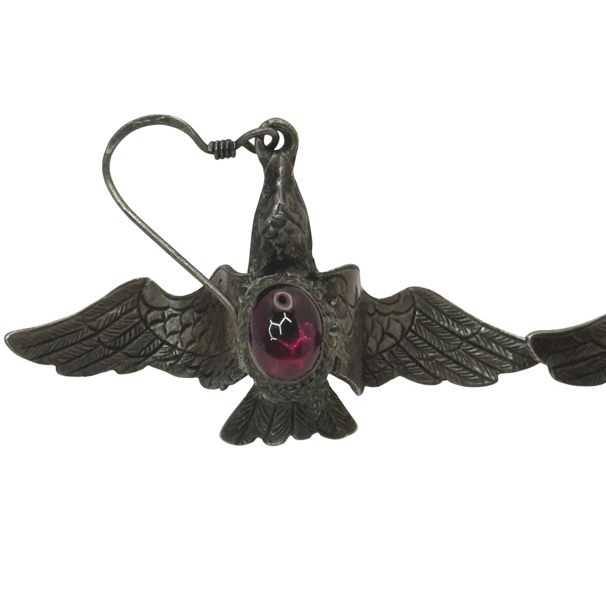 Silver Bird Earrings Red Glass Cabochon 2" Vtg Statement Carved Eagle Phoenix