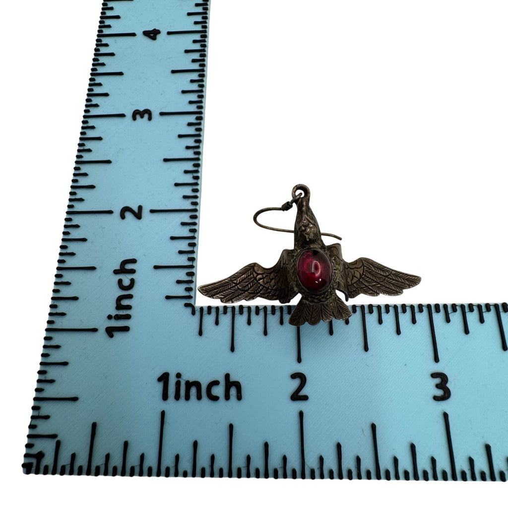 Silver Bird Earrings Red Glass Cabochon 2" Vtg Statement Carved Eagle Phoenix