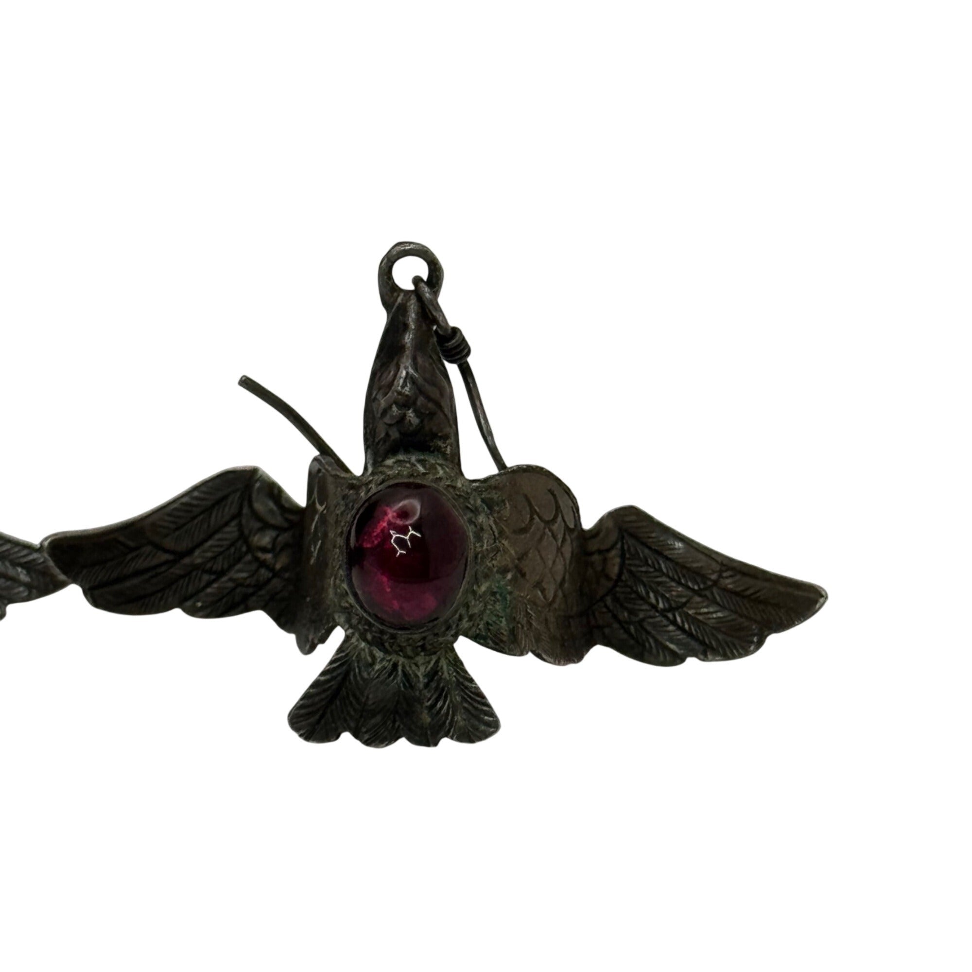 Silver Bird Earrings Red Glass Cabochon 2" Vtg Statement Carved Eagle Phoenix