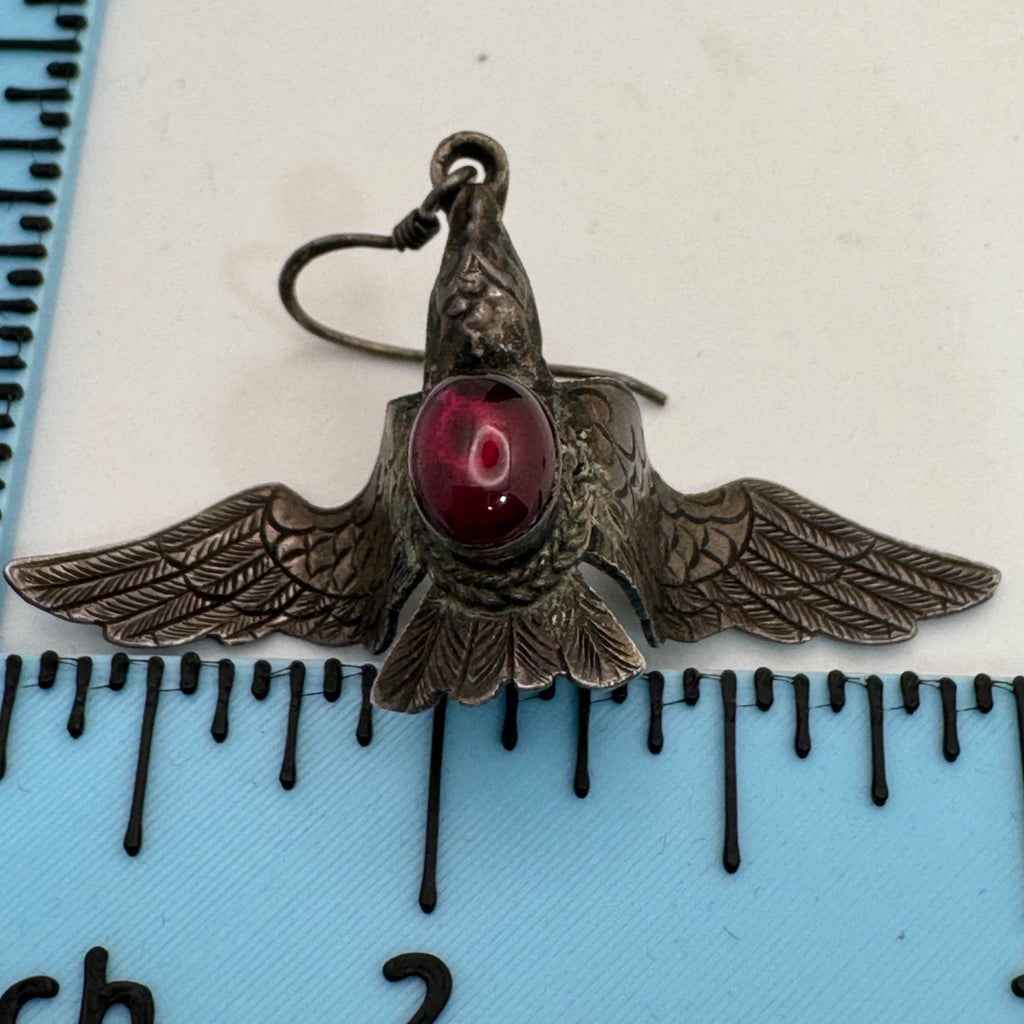 Silver Bird Earrings Red Glass Cabochon 2" Vtg Statement Carved Eagle Phoenix