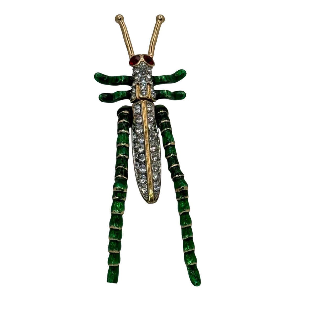 Kenneth Jay Lane Grasshopper Brooch Pin Green Enamel Rhinestones Gold-Tone KJL