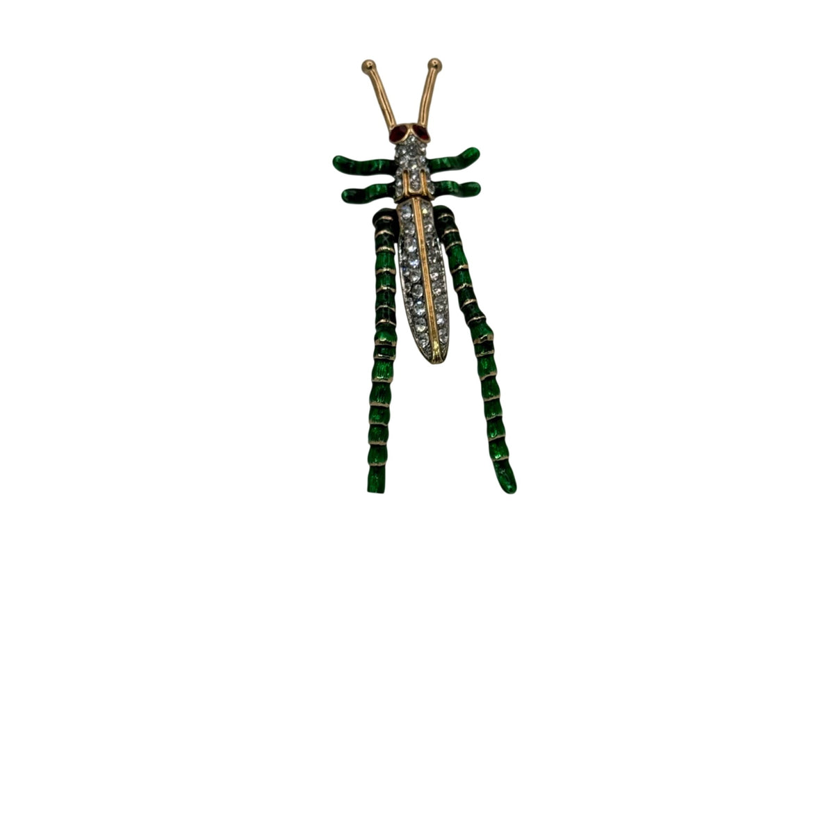 Kenneth Jay Lane Grasshopper Brooch Pin Green Enamel Rhinestones Gold-Tone KJL