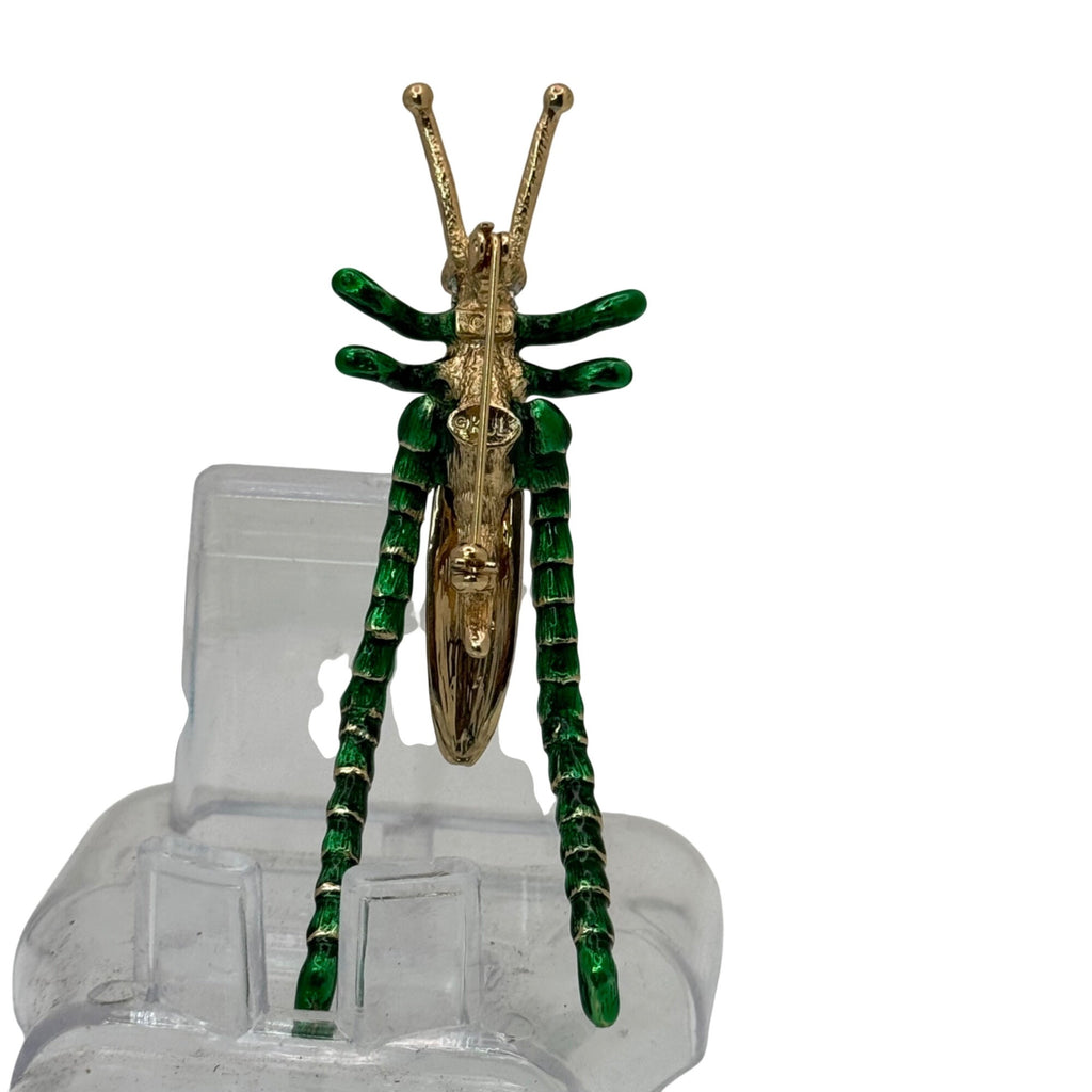 Kenneth Jay Lane Grasshopper Brooch Pin Green Enamel Rhinestones Gold-Tone KJL