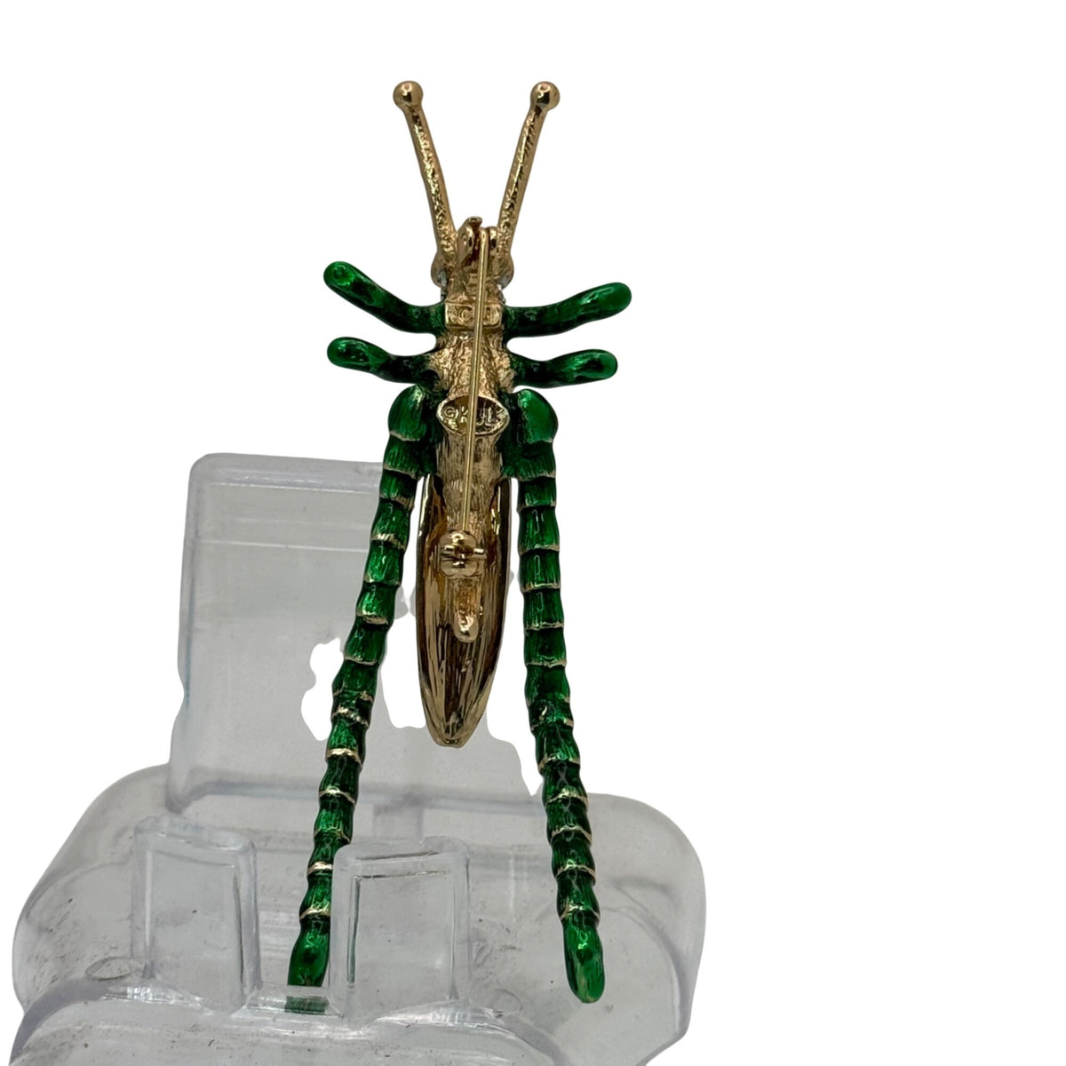 Kenneth Jay Lane Grasshopper Brooch Pin Green Enamel Rhinestones Gold-Tone KJL