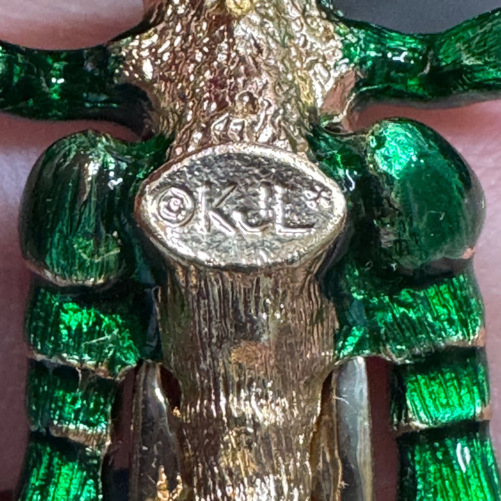 Kenneth Jay Lane Grasshopper Brooch Pin Green Enamel Rhinestones Gold-Tone KJL