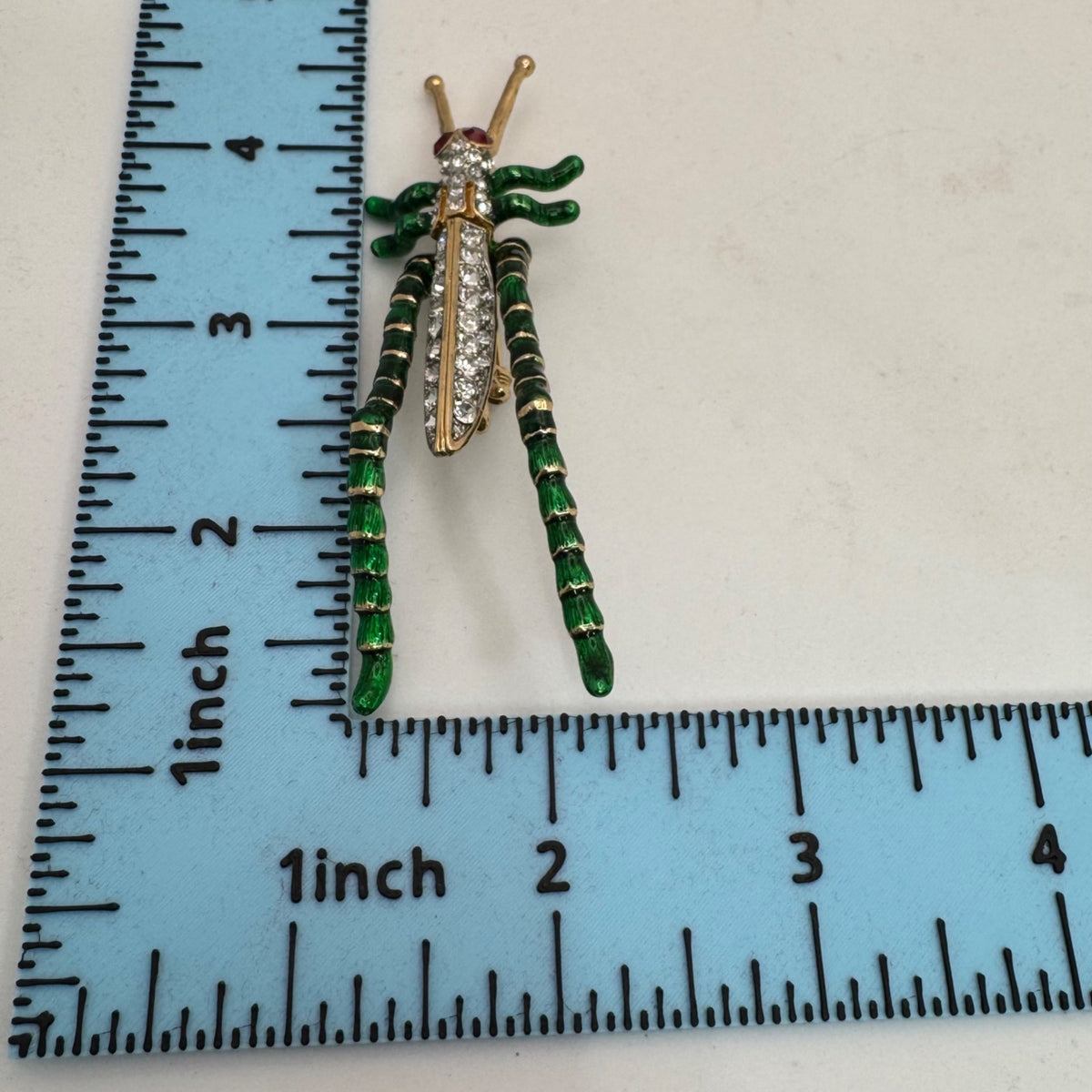 Kenneth Jay Lane Grasshopper Brooch Pin Green Enamel Rhinestones Gold-Tone KJL