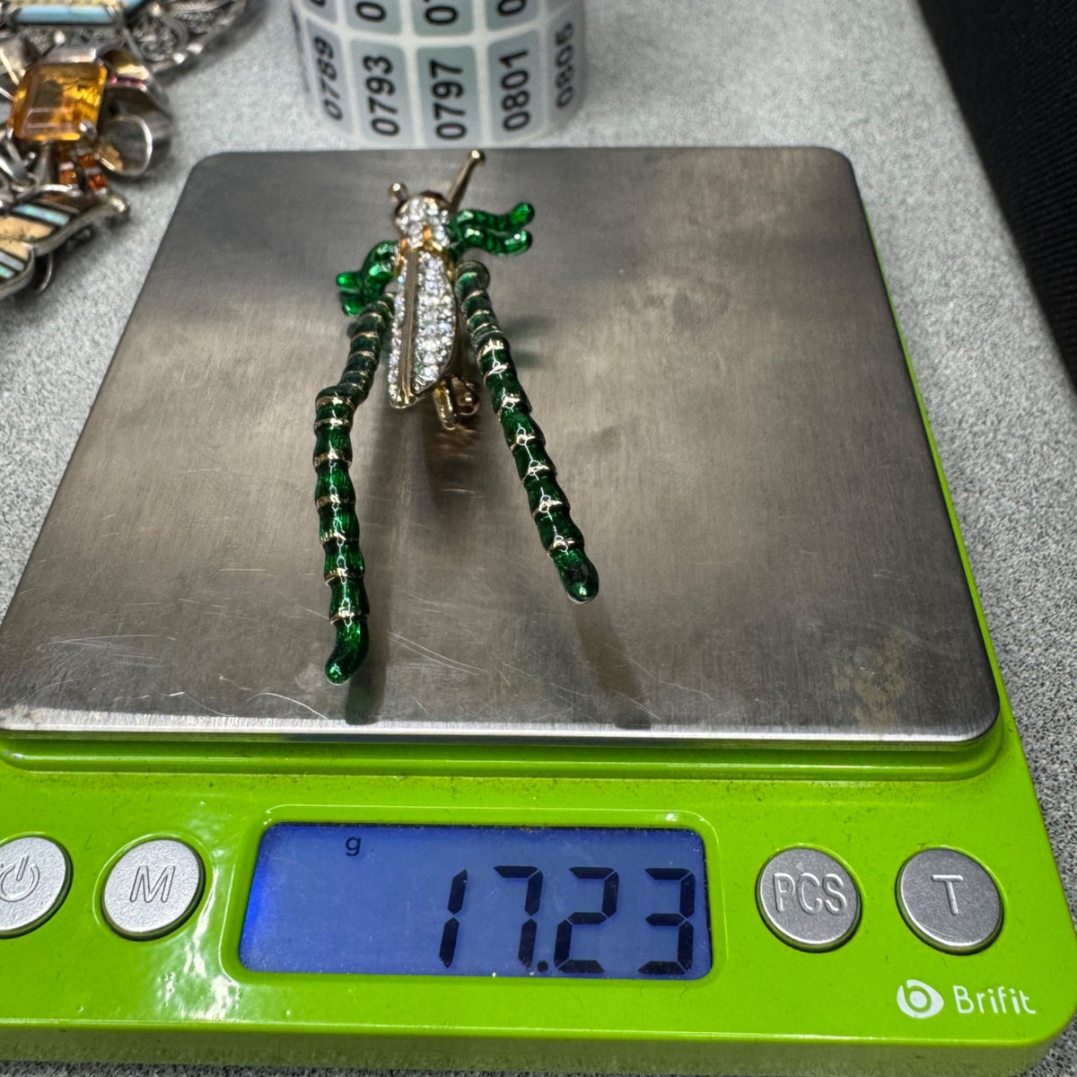 Kenneth Jay Lane Grasshopper Brooch Pin Green Enamel Rhinestones Gold-Tone KJL