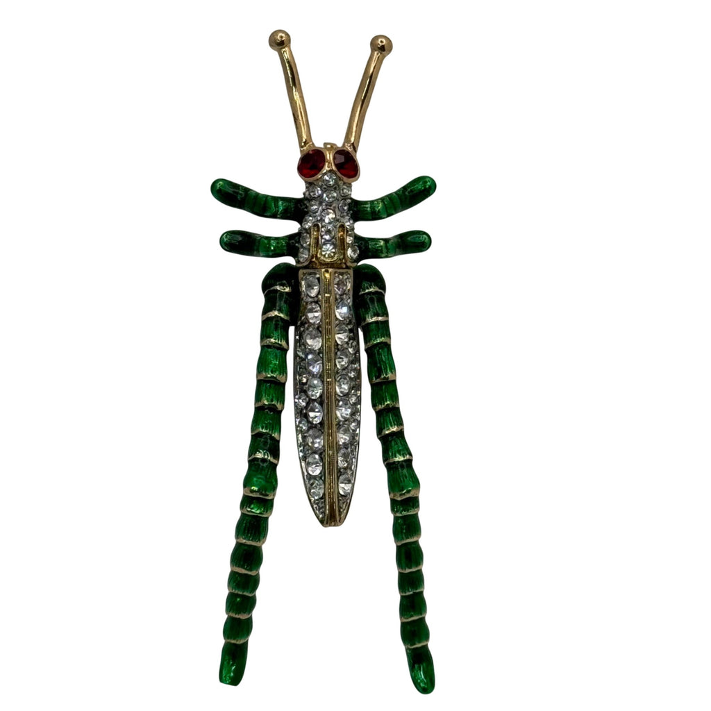 Kenneth Jay Lane Grasshopper Brooch Pin Green Enamel Rhinestones Gold-Tone KJL