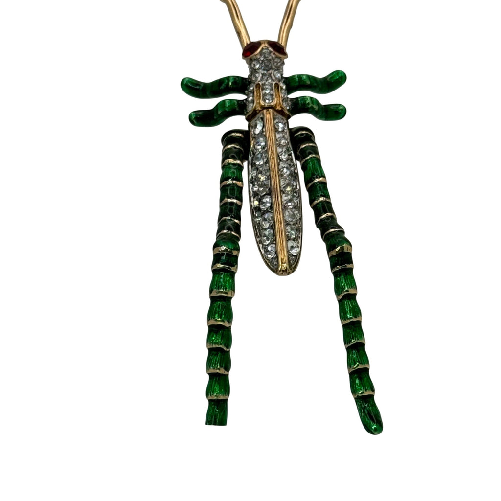 Kenneth Jay Lane Grasshopper Brooch Pin Green Enamel Rhinestones Gold-Tone KJL