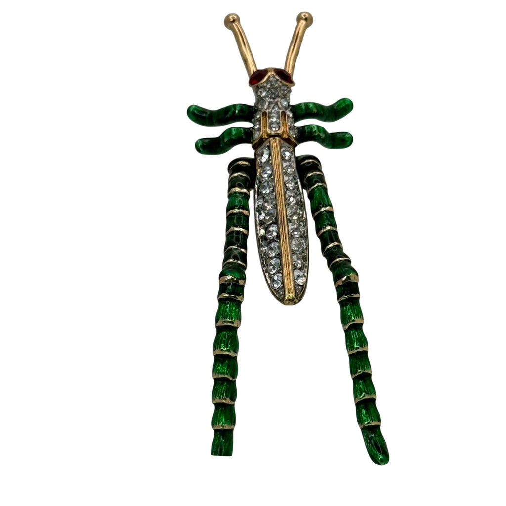 Kenneth Jay Lane Grasshopper Brooch Pin Green Enamel Rhinestones Gold-Tone KJL