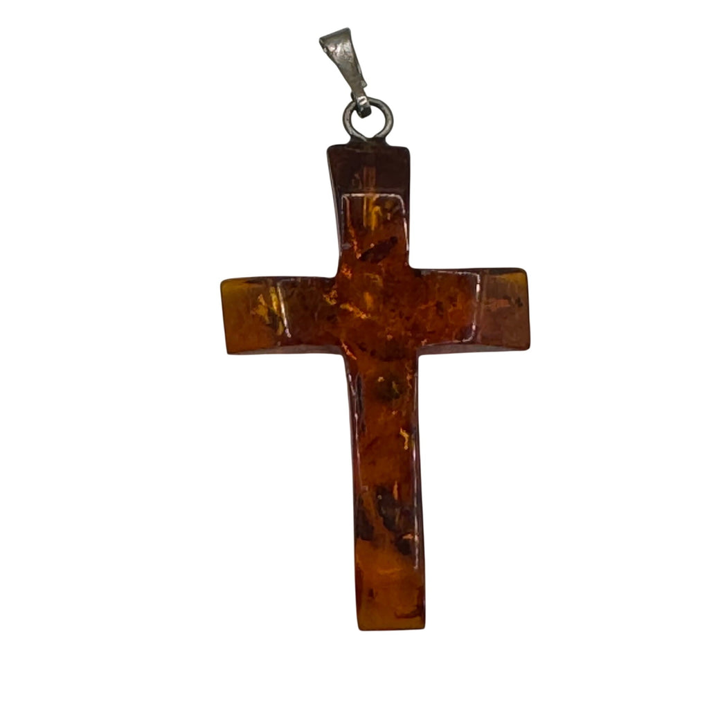 Cross Pendant Faux Amber Sterling Silver Bail 1.5" Lightweight Religious Vtg