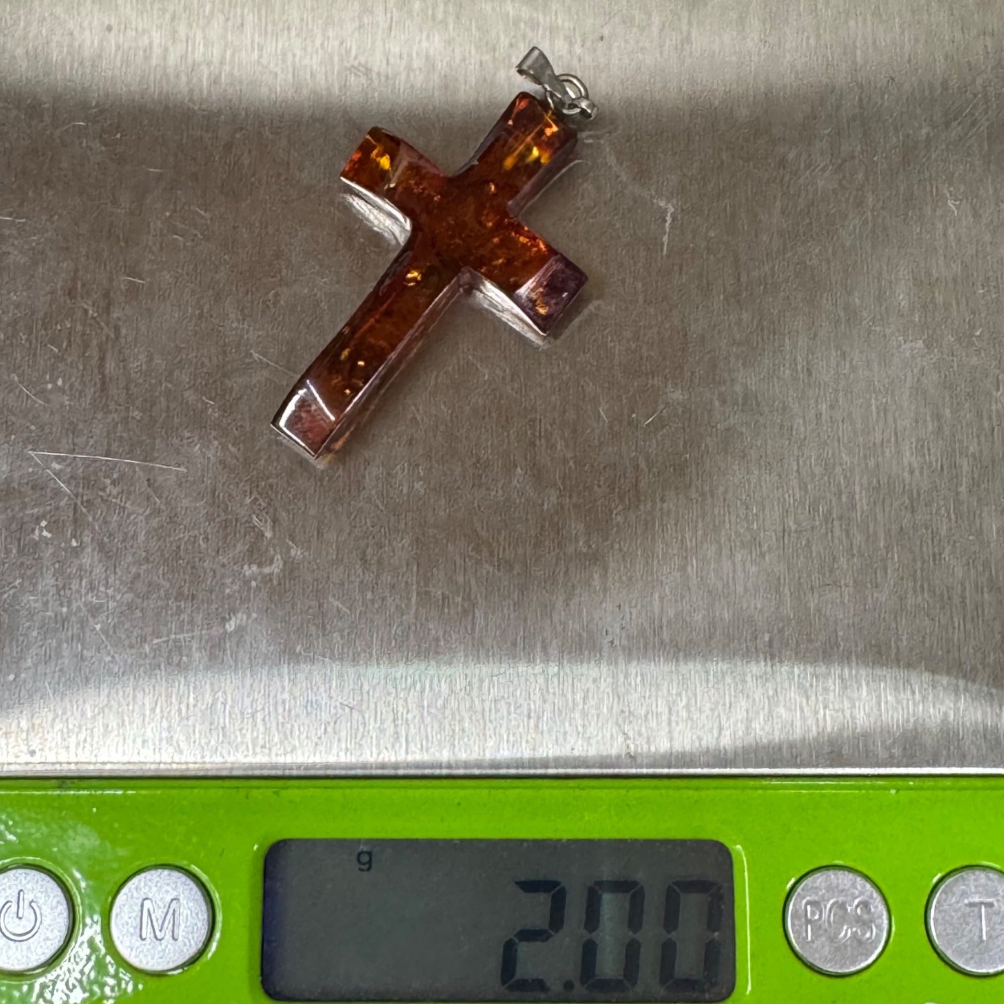 Cross Pendant Faux Amber Sterling Silver Bail 1.5" Lightweight Religious Vtg