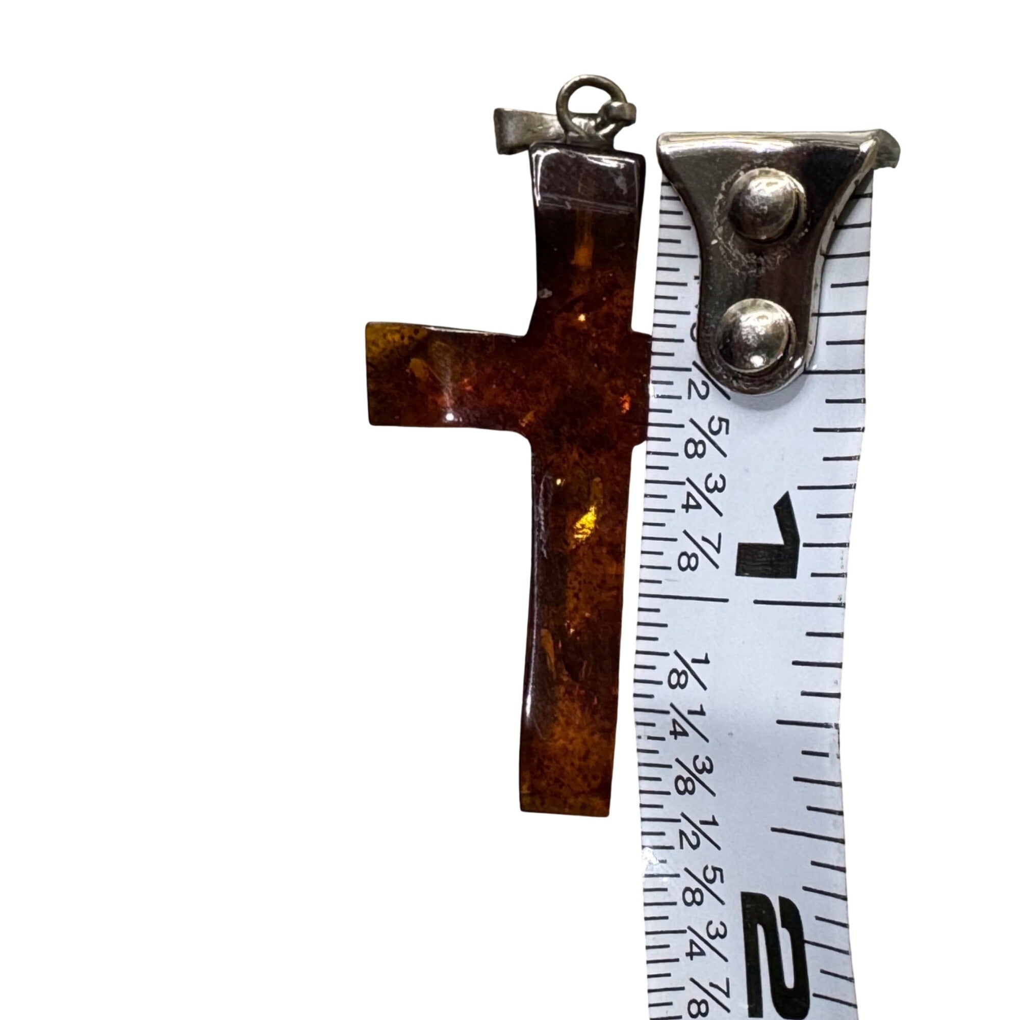 Cross Pendant Faux Amber Sterling Silver Bail 1.5" Lightweight Religious Vtg