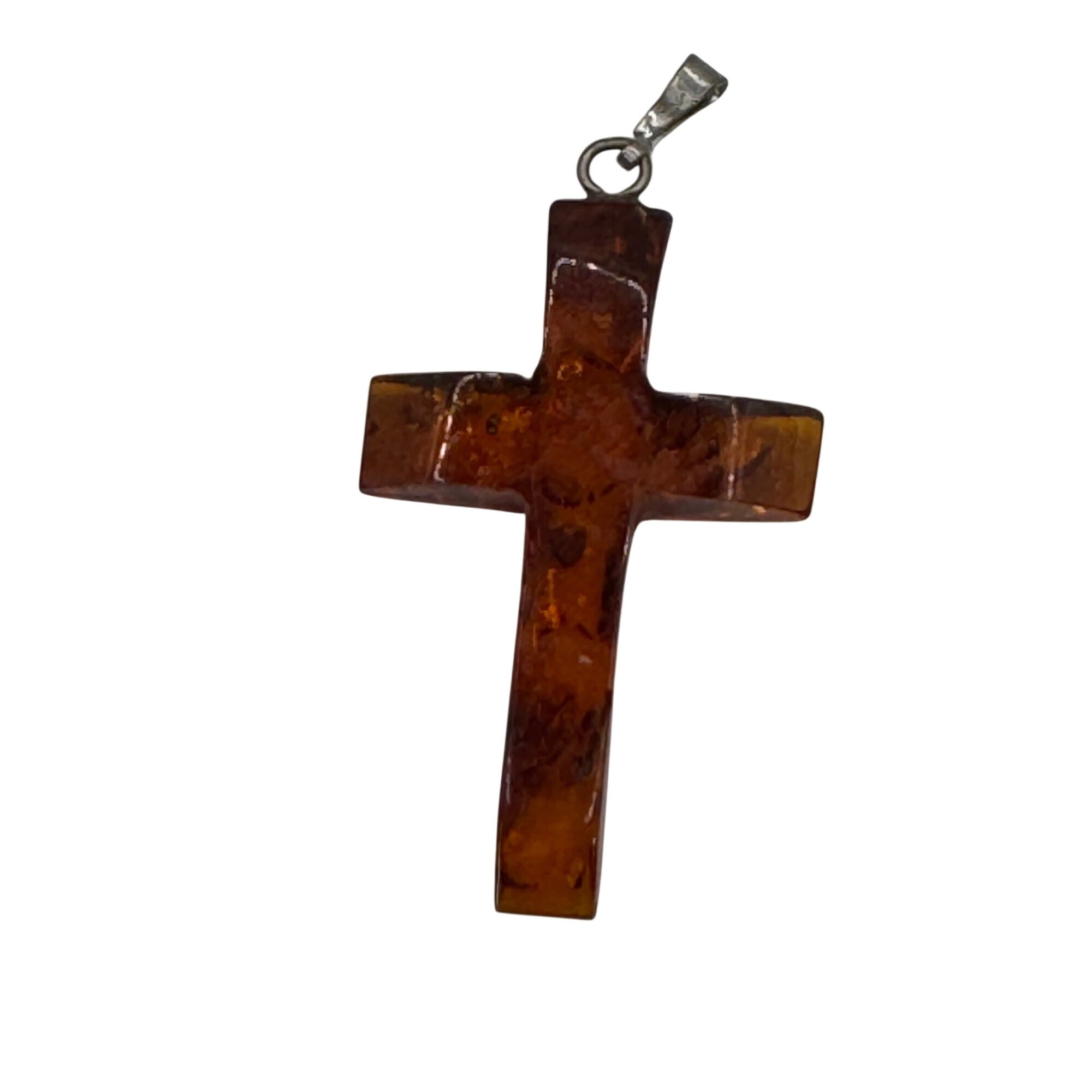 Cross Pendant Faux Amber Sterling Silver Bail 1.5" Lightweight Religious Vtg