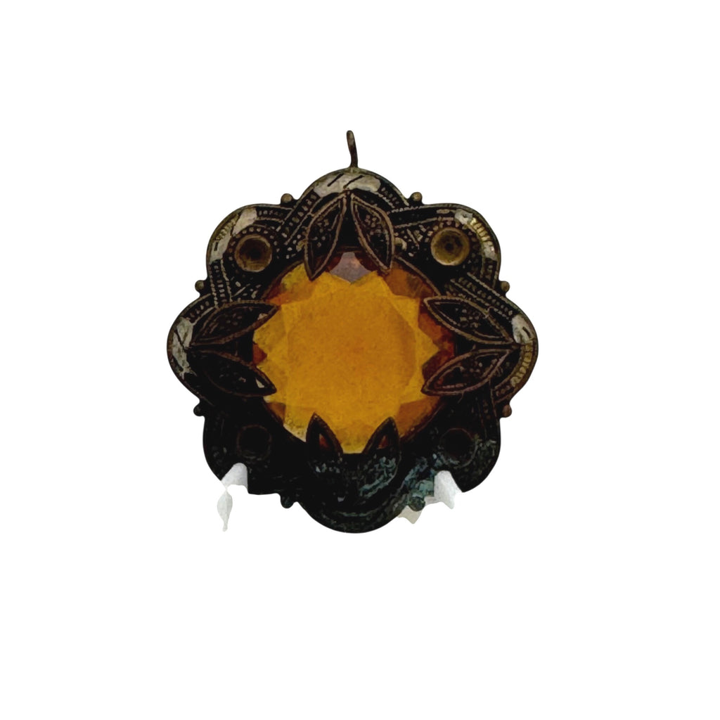 Antique Brass Pendant Amber Glass Gemstone Ornate Filigree 1.5" Art Deco READ