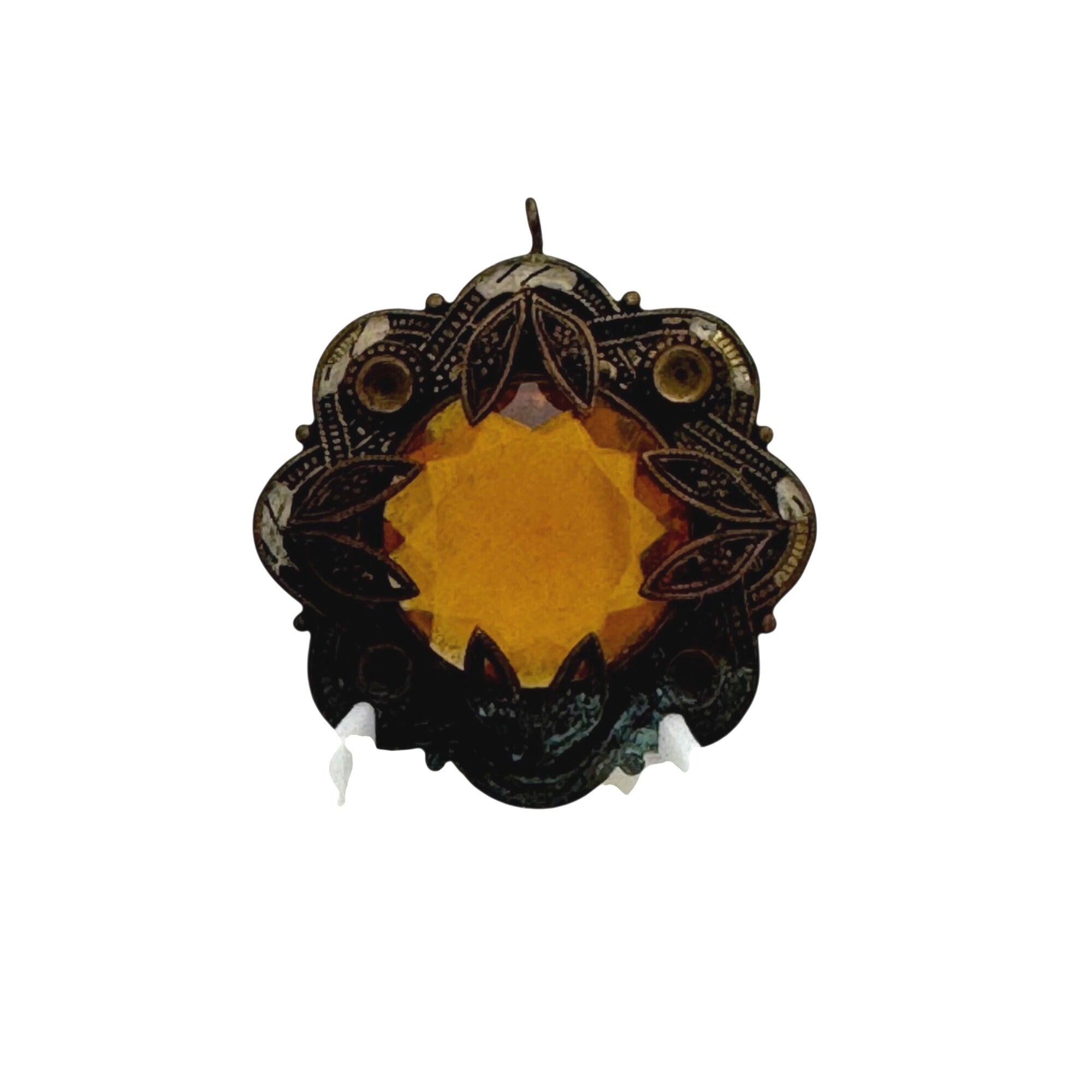Antique Brass Pendant Amber Glass Gemstone Ornate Filigree 1.5" Art Deco READ