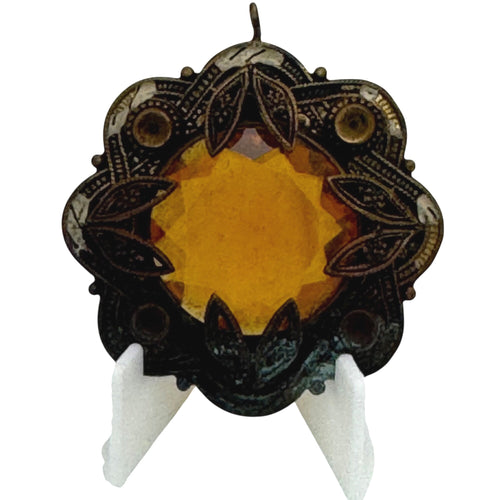 Antique Brass Pendant Amber Glass Gemstone Ornate Filigree 1.5" Art Deco READ