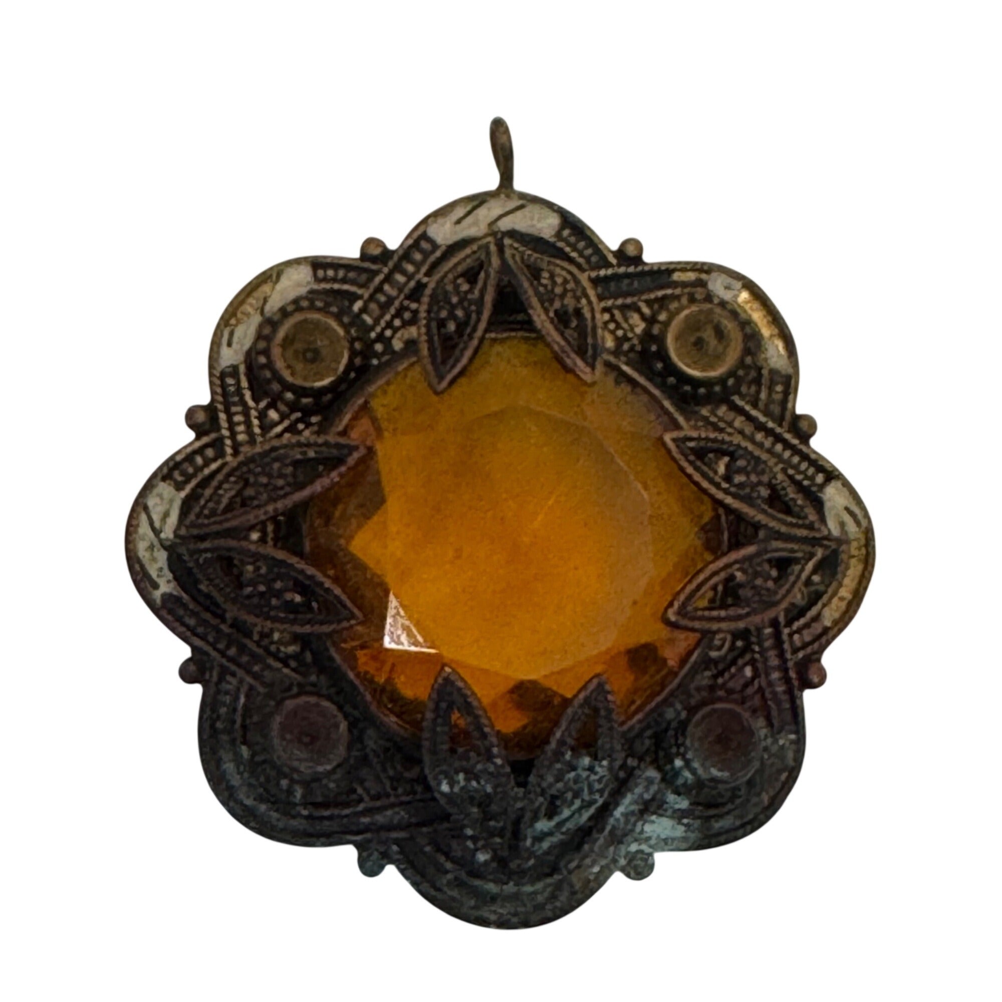 Antique Brass Pendant Amber Glass Gemstone Ornate Filigree 1.5" Art Deco READ