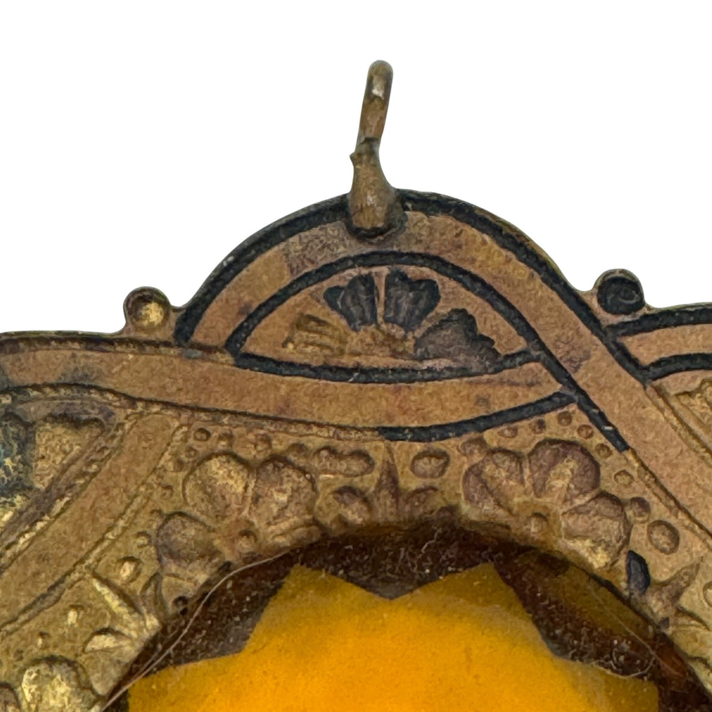 Antique Brass Pendant Amber Glass Gemstone Ornate Filigree 1.5" Art Deco READ