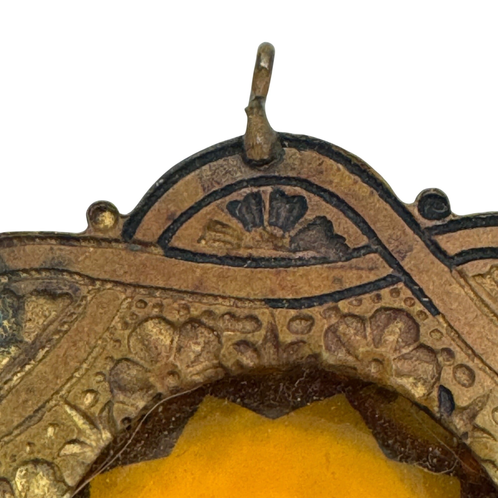 Antique Brass Pendant Amber Glass Gemstone Ornate Filigree 1.5" Art Deco READ
