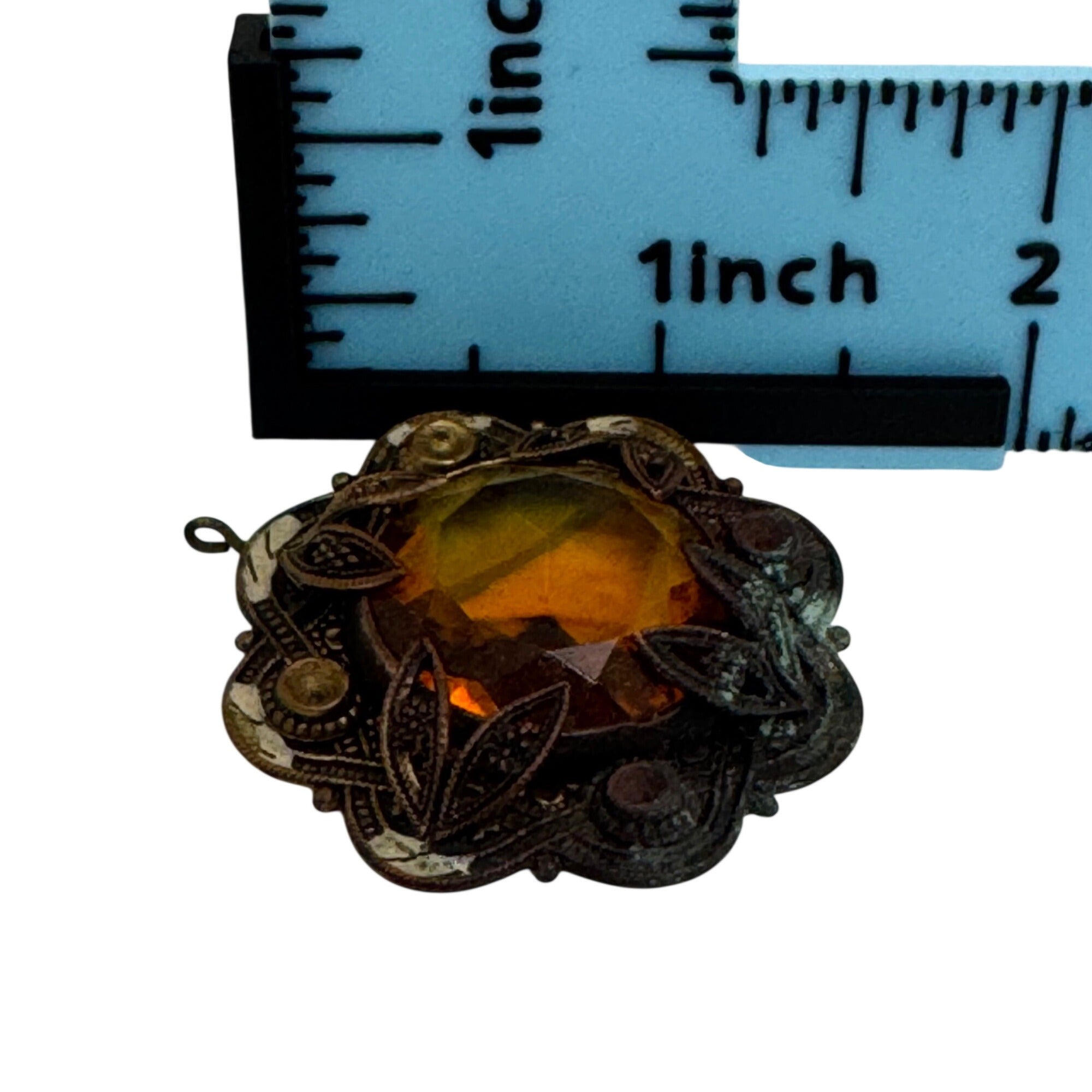 Antique Brass Pendant Amber Glass Gemstone Ornate Filigree 1.5" Art Deco READ