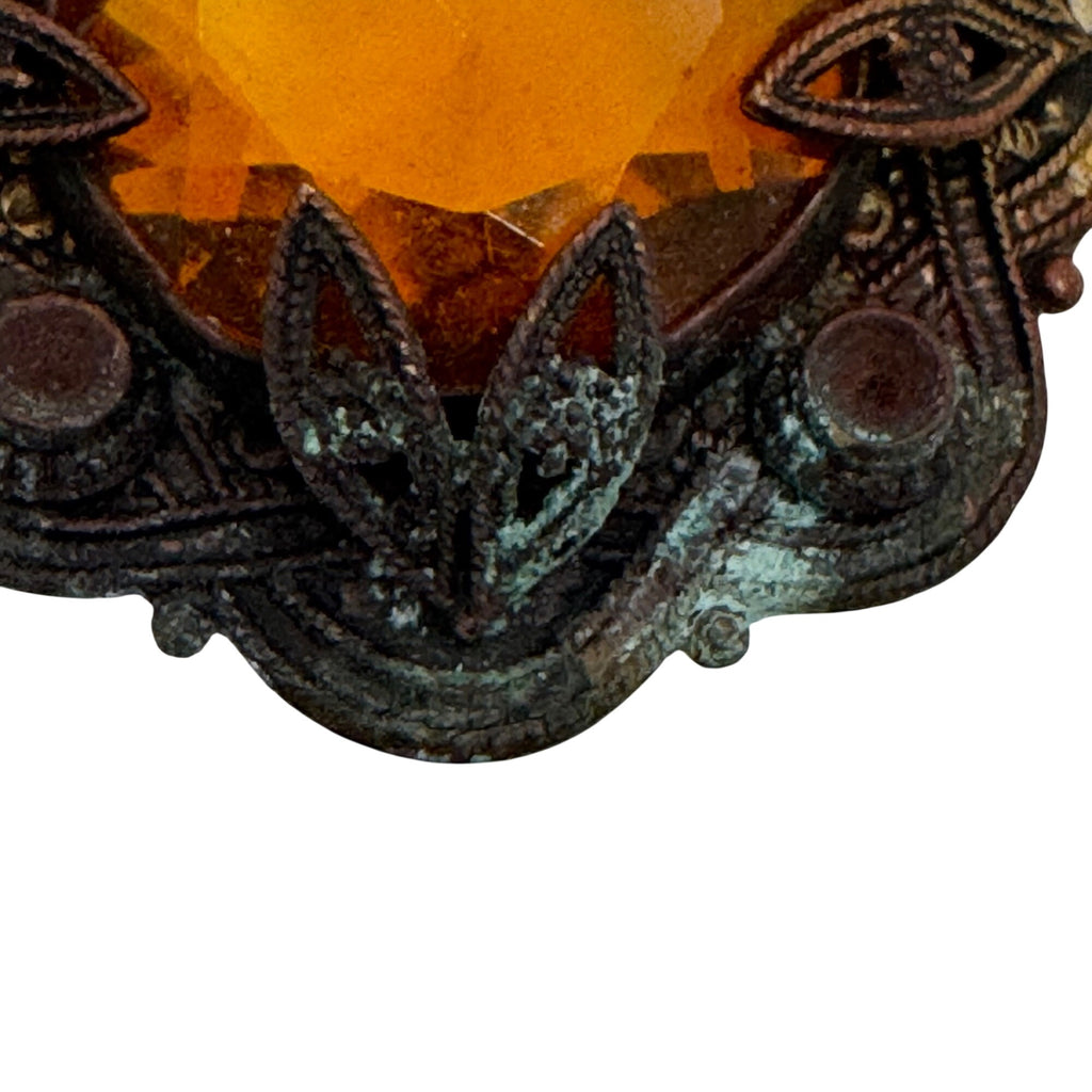 Antique Brass Pendant Amber Glass Gemstone Ornate Filigree 1.5" Art Deco READ