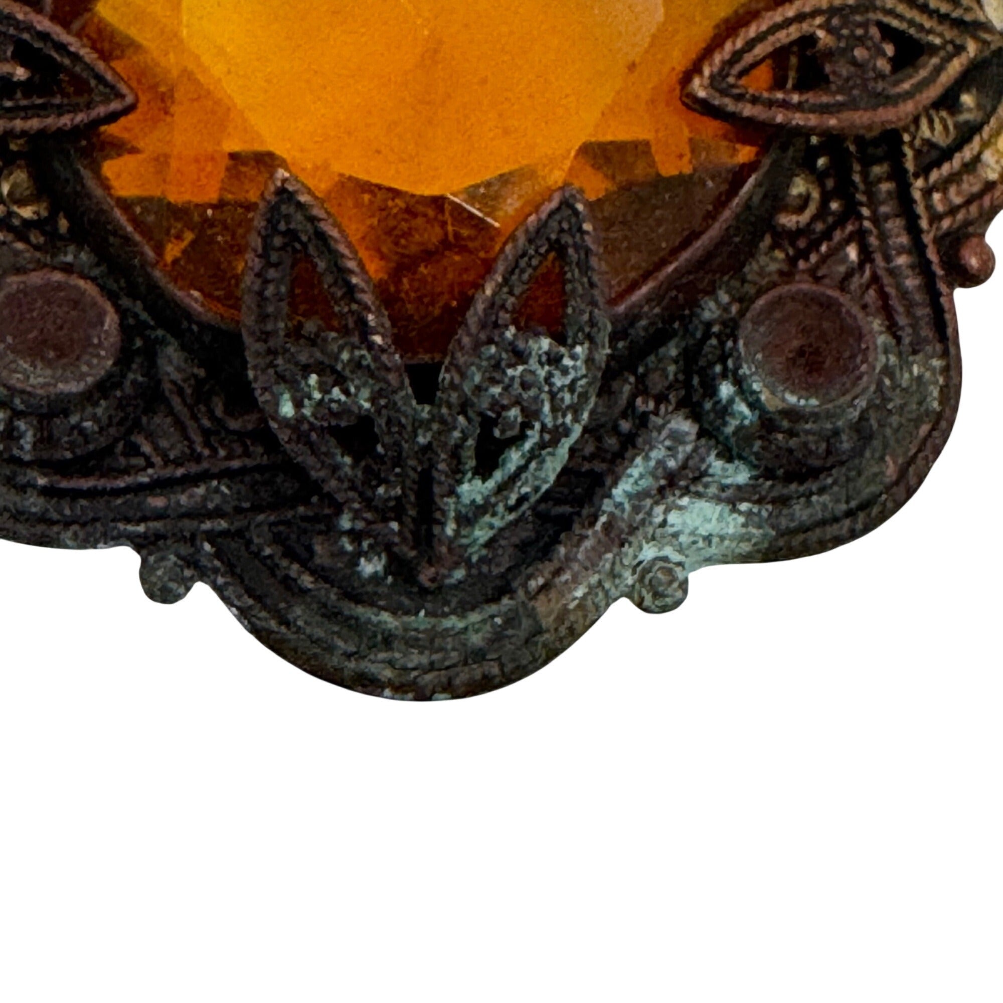 Antique Brass Pendant Amber Glass Gemstone Ornate Filigree 1.5" Art Deco READ